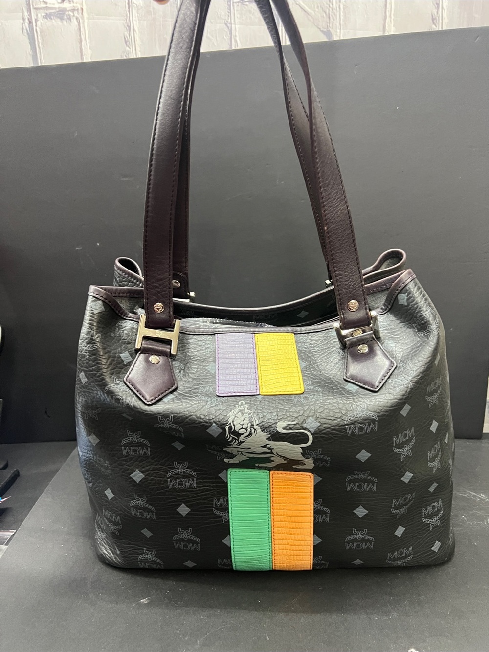 MCM Black Logo Tote with Green, Orange, Yellow and Purple Accents